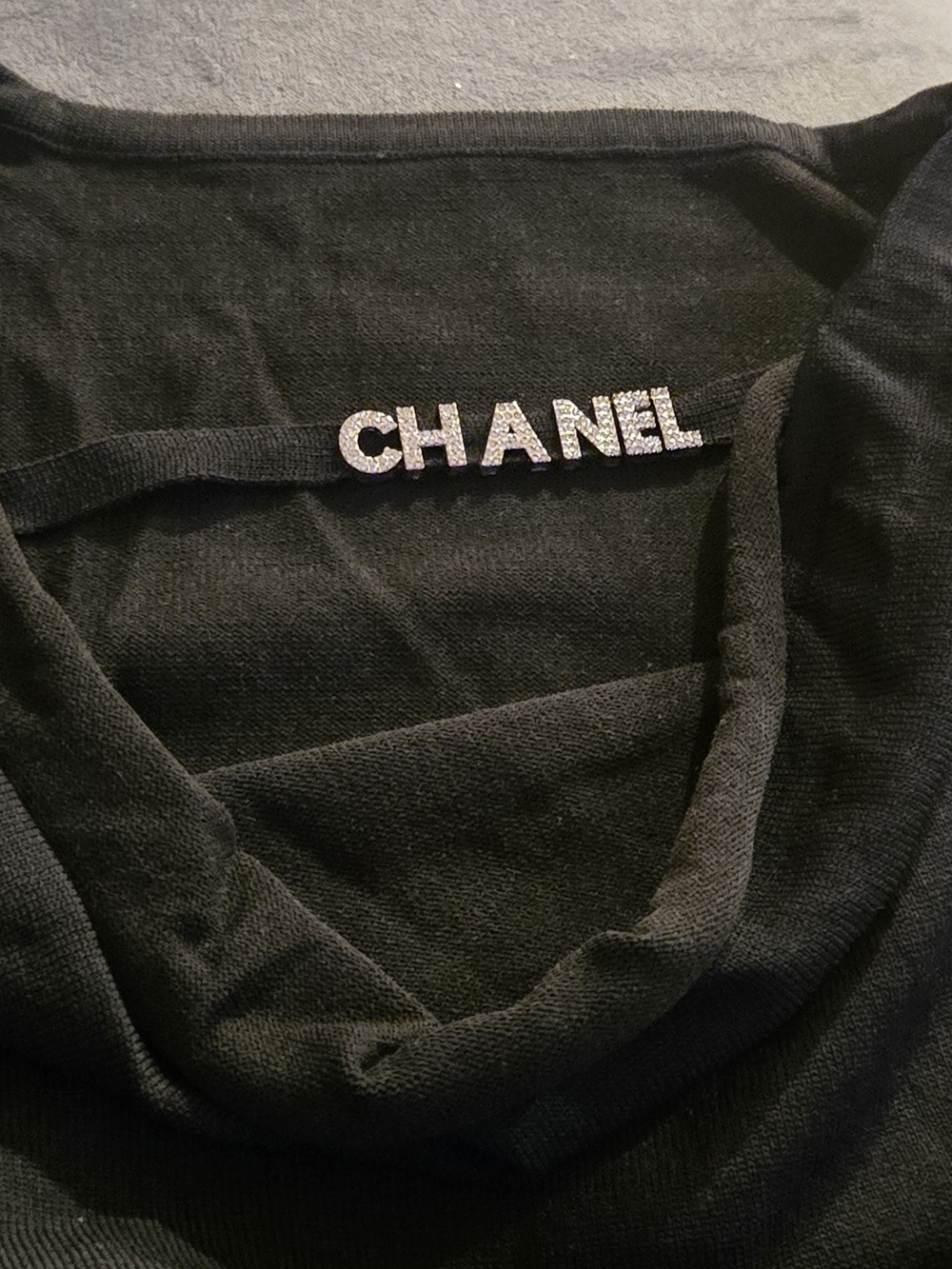 Chanel Black Knit Top with Rhinestone Logo